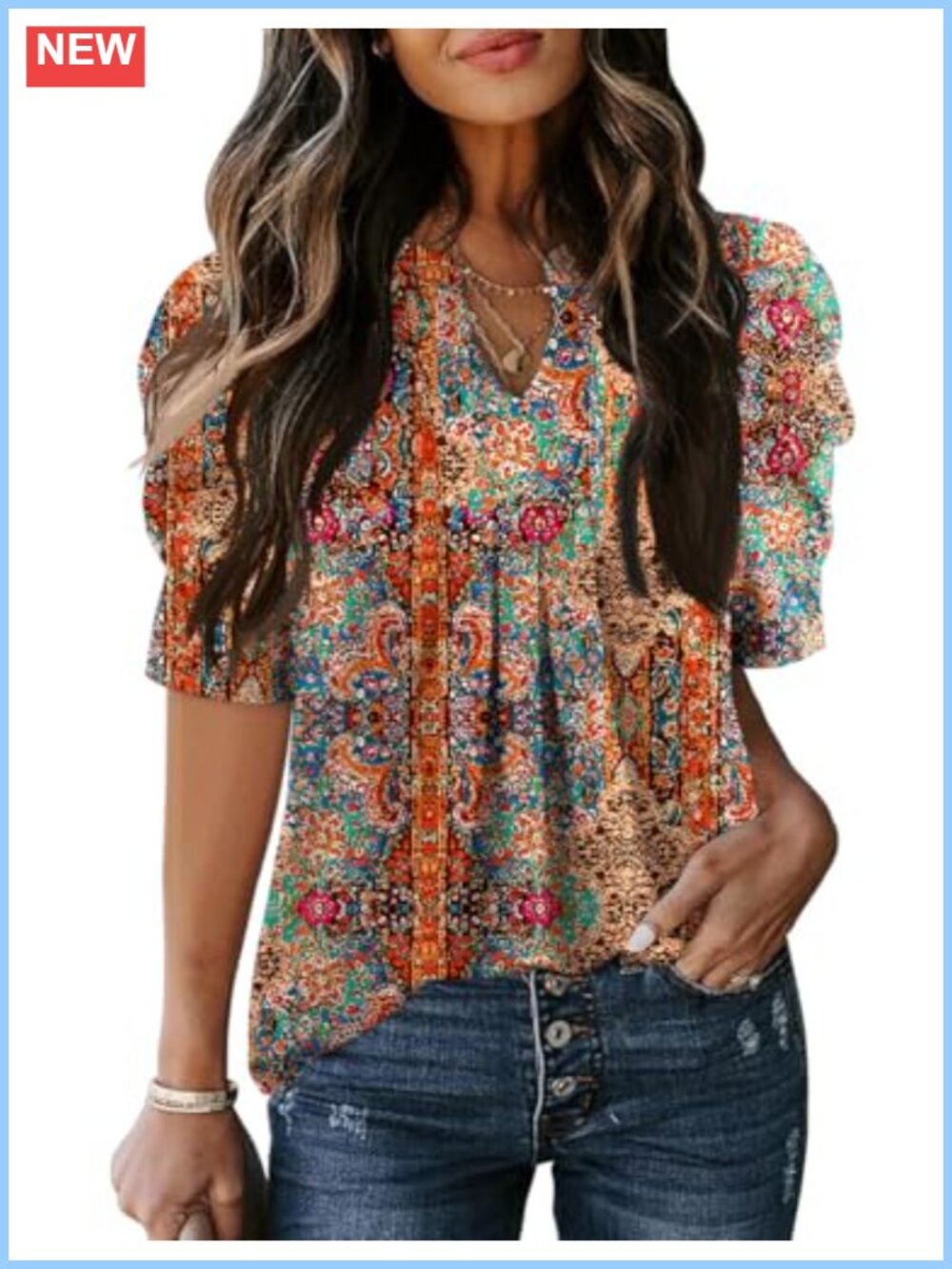 Women's Puff Short Sleeve V Neck Summer Top Loose Fit Casual Blouse